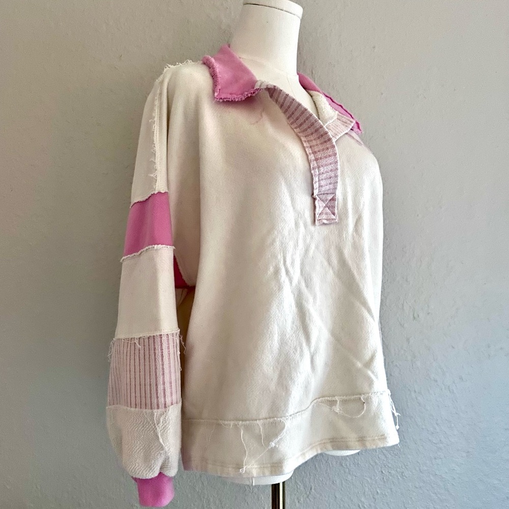 The POST Patchwork Pink & Cream Rugby Pullover – Raw Hem – Size S - Picture 2 of 10